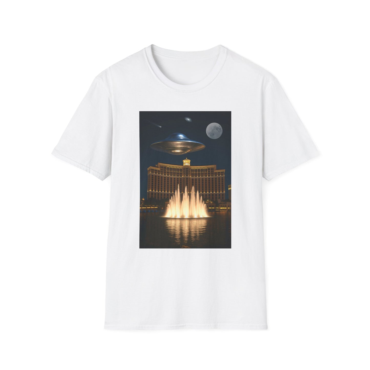UFO over Las Vegas, Cosmic Vibes Unisex T-Shirt - UFO & Moon Design, Relaxed Fit Tee for Space Lovers, Gift for Sci-Fi Fans, Casual Wear, Everyday Essentials, t-shirt, tshirt, png