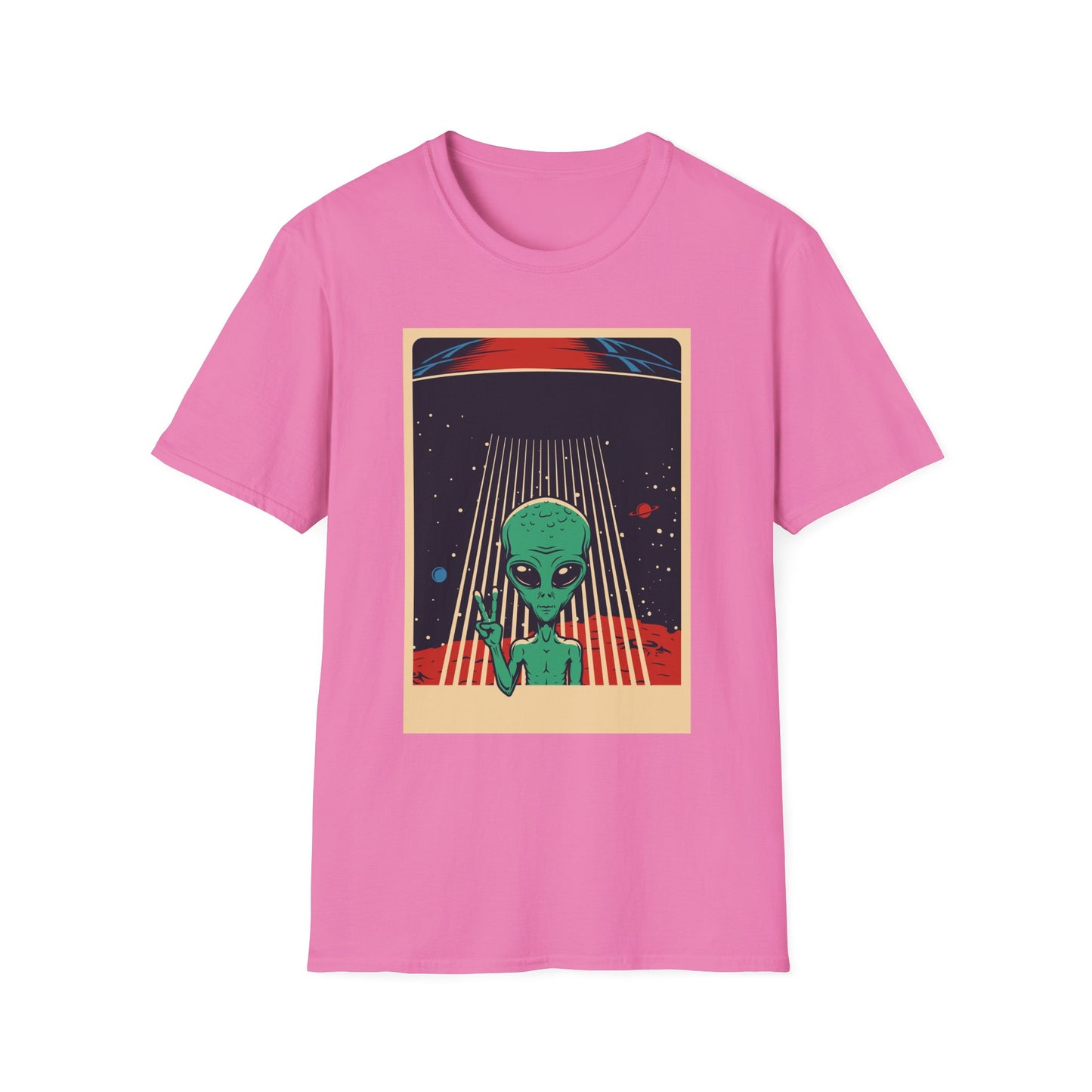 Cosmic Alien Peace Unisex Softstyle T-Shirt, Vintage UFO Tee, Space Lover Gift, Sci-Fi Fan Shirt, Trendy Graphic Tee, GraphicTees, t-shirts