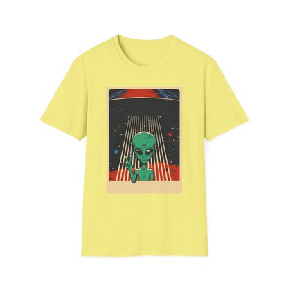Cosmic Alien Peace Unisex Softstyle T-Shirt, Vintage UFO Tee, Space Lover Gift, Sci-Fi Fan Shirt, Trendy Graphic Tee, GraphicTees, t-shirts