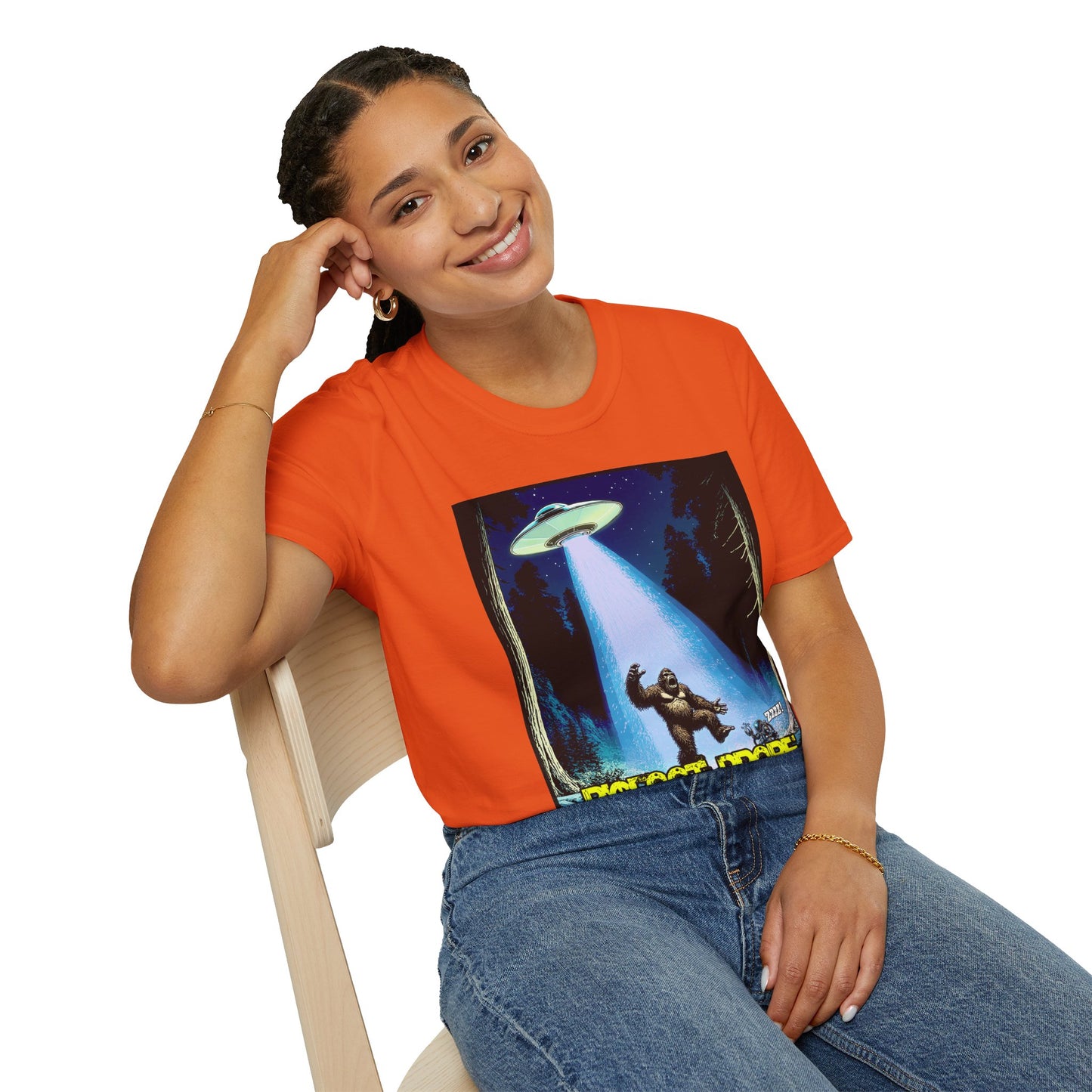 Bigfoot Probe Unisex Softstyle T-Shirt - Fun UFO Graphic Tee, Perfect Gift, Halloween, Nerd Culture, Outdoors, Alien, Graphic tees, t-shirts, Graphic design, t-shirts, tees