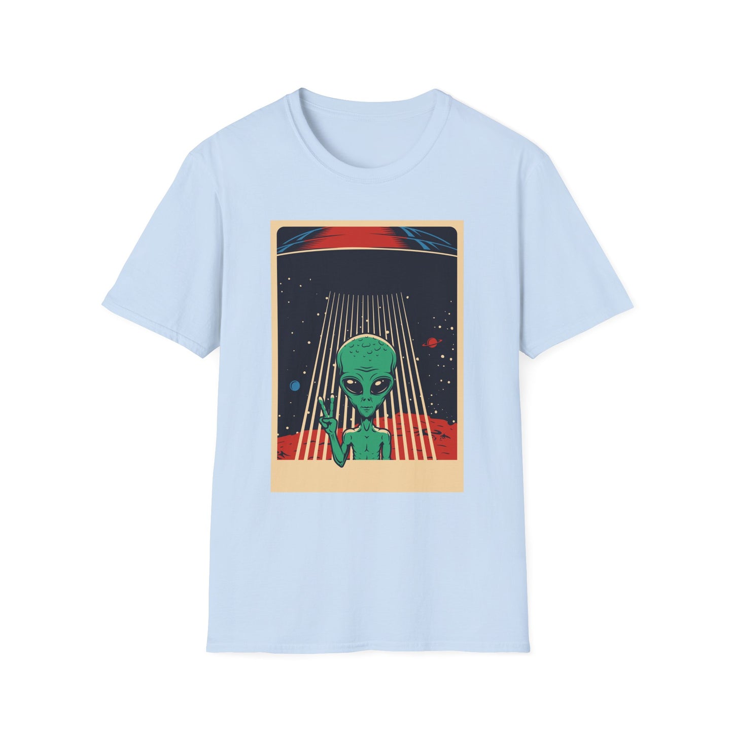 Cosmic Alien Peace Unisex Softstyle T-Shirt, Vintage UFO Tee, Space Lover Gift, Sci-Fi Fan Shirt, Trendy Graphic Tee, GraphicTees, t-shirts
