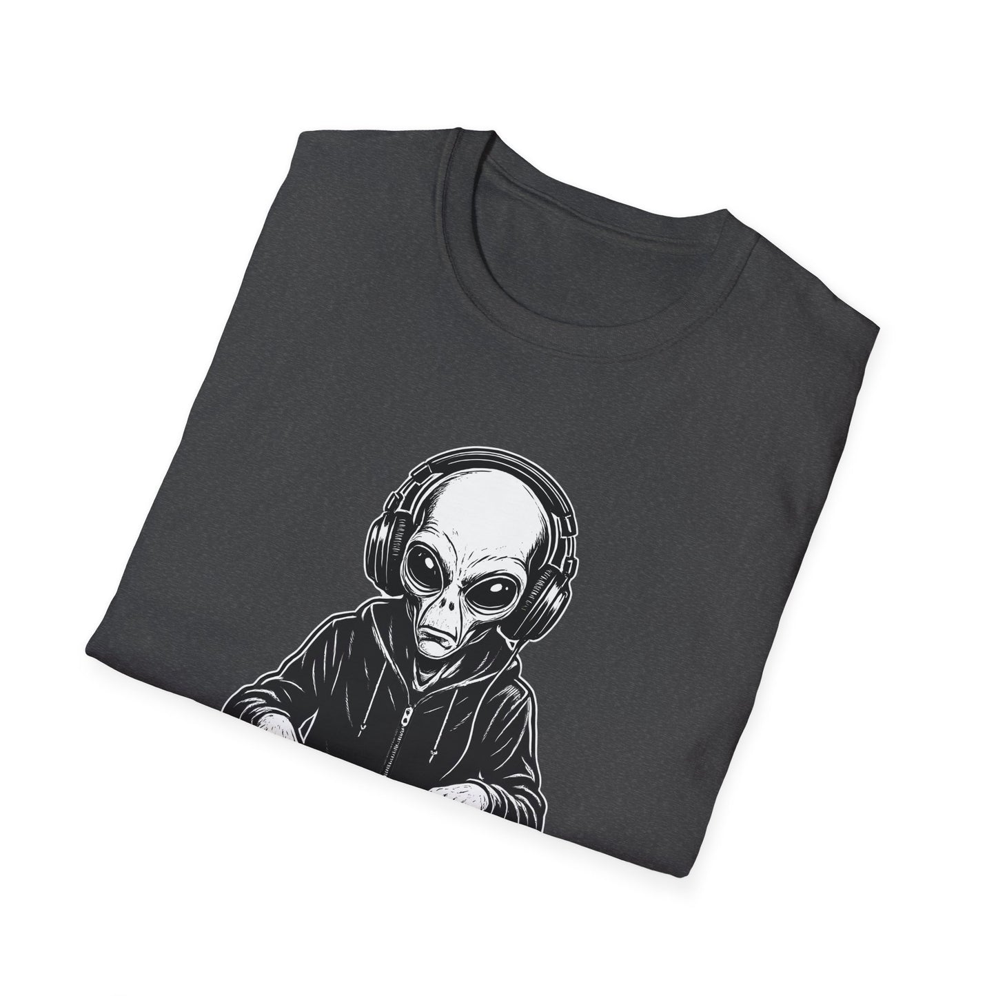 DJ Alien Graphic T-Shirt | Unisex Softstyle Tee for Music Lovers, Gifts for DJs, Cool Casual Wear, Festival Apparel, Unique Alien Design