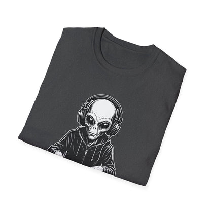 DJ Alien Graphic T-Shirt | Unisex Softstyle Tee for Music Lovers, Gifts for DJs, Cool Casual Wear, Festival Apparel, Unique Alien Design