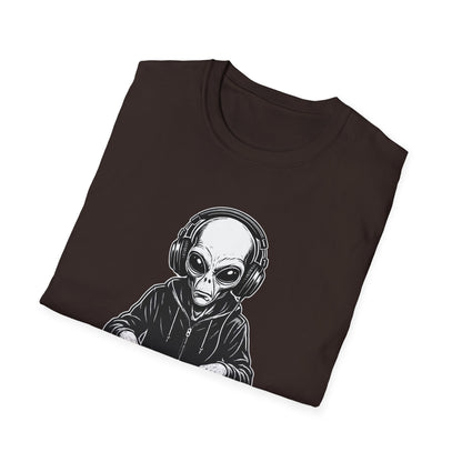 DJ Alien Graphic T-Shirt | Unisex Softstyle Tee for Music Lovers, Gifts for DJs, Cool Casual Wear, Festival Apparel, Unique Alien Design