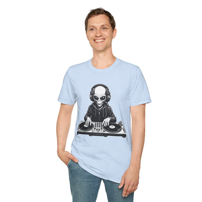 DJ Alien Graphic T-Shirt | Unisex Softstyle Tee for Music Lovers, Gifts for DJs, Cool Casual Wear, Festival Apparel, Unique Alien Design