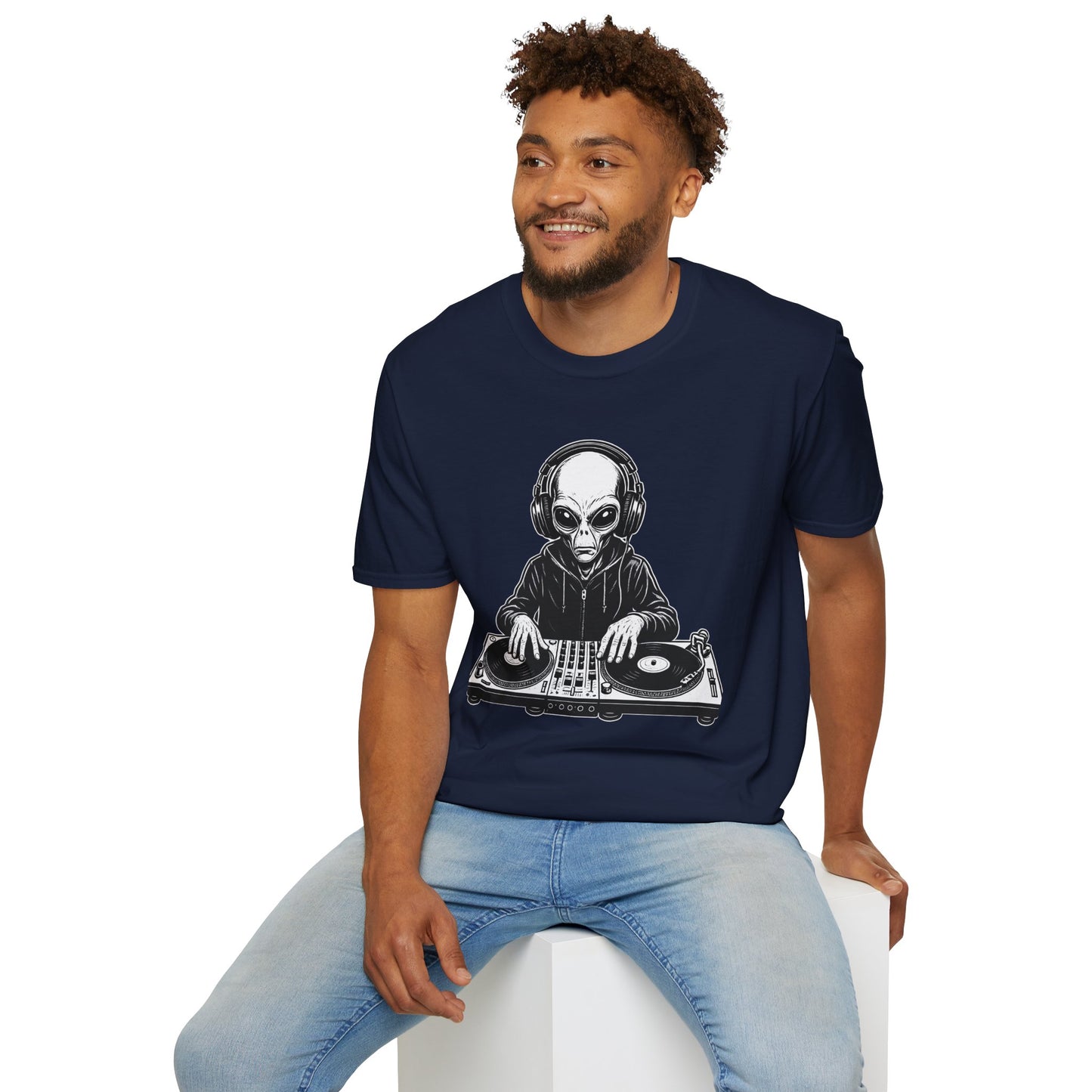 DJ Alien Graphic T-Shirt | Unisex Softstyle Tee for Music Lovers, Gifts for DJs, Cool Casual Wear, Festival Apparel, Unique Alien Design