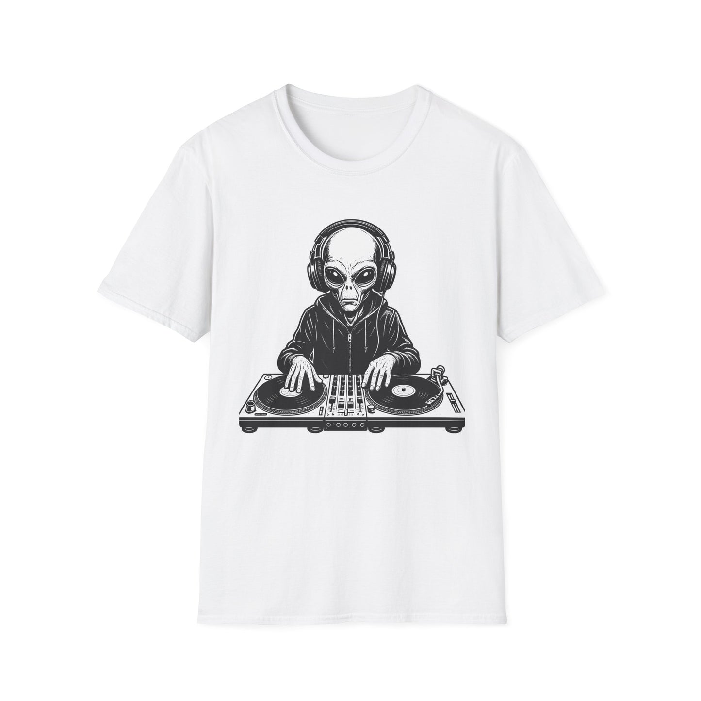 DJ Alien Graphic T-Shirt | Unisex Softstyle Tee for Music Lovers, Gifts for DJs, Cool Casual Wear, Festival Apparel, Unique Alien Design