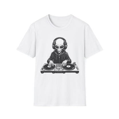 DJ Alien Graphic T-Shirt | Unisex Softstyle Tee for Music Lovers, Gifts for DJs, Cool Casual Wear, Festival Apparel, Unique Alien Design