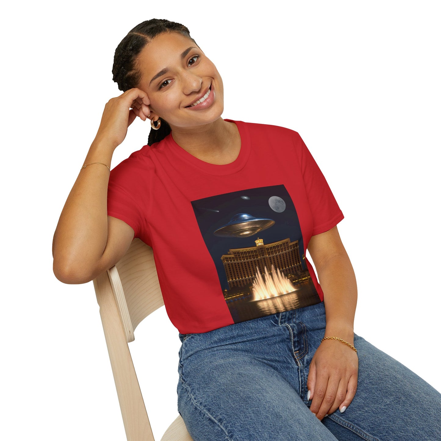 UFO over Las Vegas, Cosmic Vibes Unisex T-Shirt - UFO & Moon Design, Relaxed Fit Tee for Space Lovers, Gift for Sci-Fi Fans, Casual Wear, Everyday Essentials, t-shirt, tshirt, png