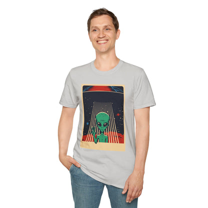 Cosmic Alien Peace Unisex Softstyle T-Shirt, Vintage UFO Tee, Space Lover Gift, Sci-Fi Fan Shirt, Trendy Graphic Tee, GraphicTees, t-shirts