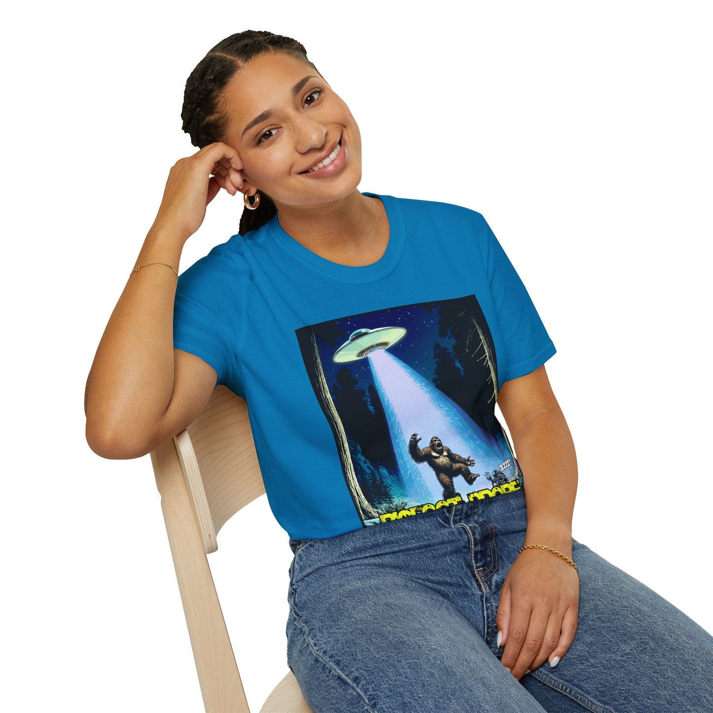 Bigfoot Probe Unisex Softstyle T-Shirt - Fun UFO Graphic Tee, Perfect Gift, Halloween, Nerd Culture, Outdoors, Alien, Graphic tees, t-shirts, Graphic design, t-shirts, tees