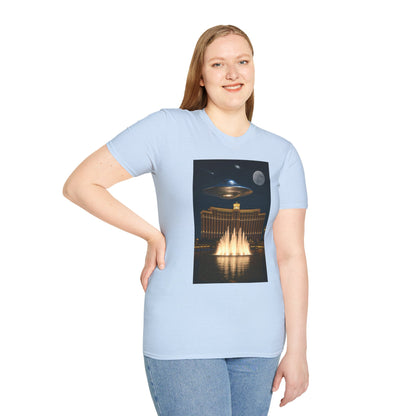 UFO over Las Vegas, Cosmic Vibes Unisex T-Shirt - UFO & Moon Design, Relaxed Fit Tee for Space Lovers, Gift for Sci-Fi Fans, Casual Wear, Everyday Essentials, t-shirt, tshirt, png