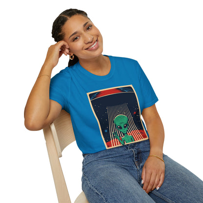 Cosmic Alien Peace Unisex Softstyle T-Shirt, Vintage UFO Tee, Space Lover Gift, Sci-Fi Fan Shirt, Trendy Graphic Tee, GraphicTees, t-shirts