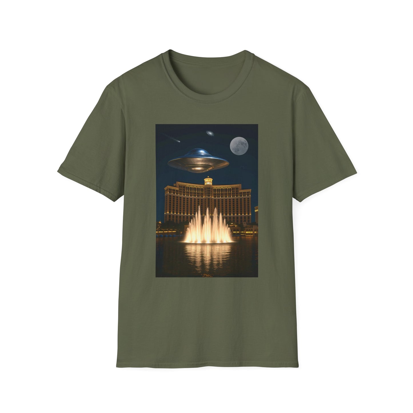 UFO over Las Vegas, Cosmic Vibes Unisex T-Shirt - UFO & Moon Design, Relaxed Fit Tee for Space Lovers, Gift for Sci-Fi Fans, Casual Wear, Everyday Essentials, t-shirt, tshirt, png