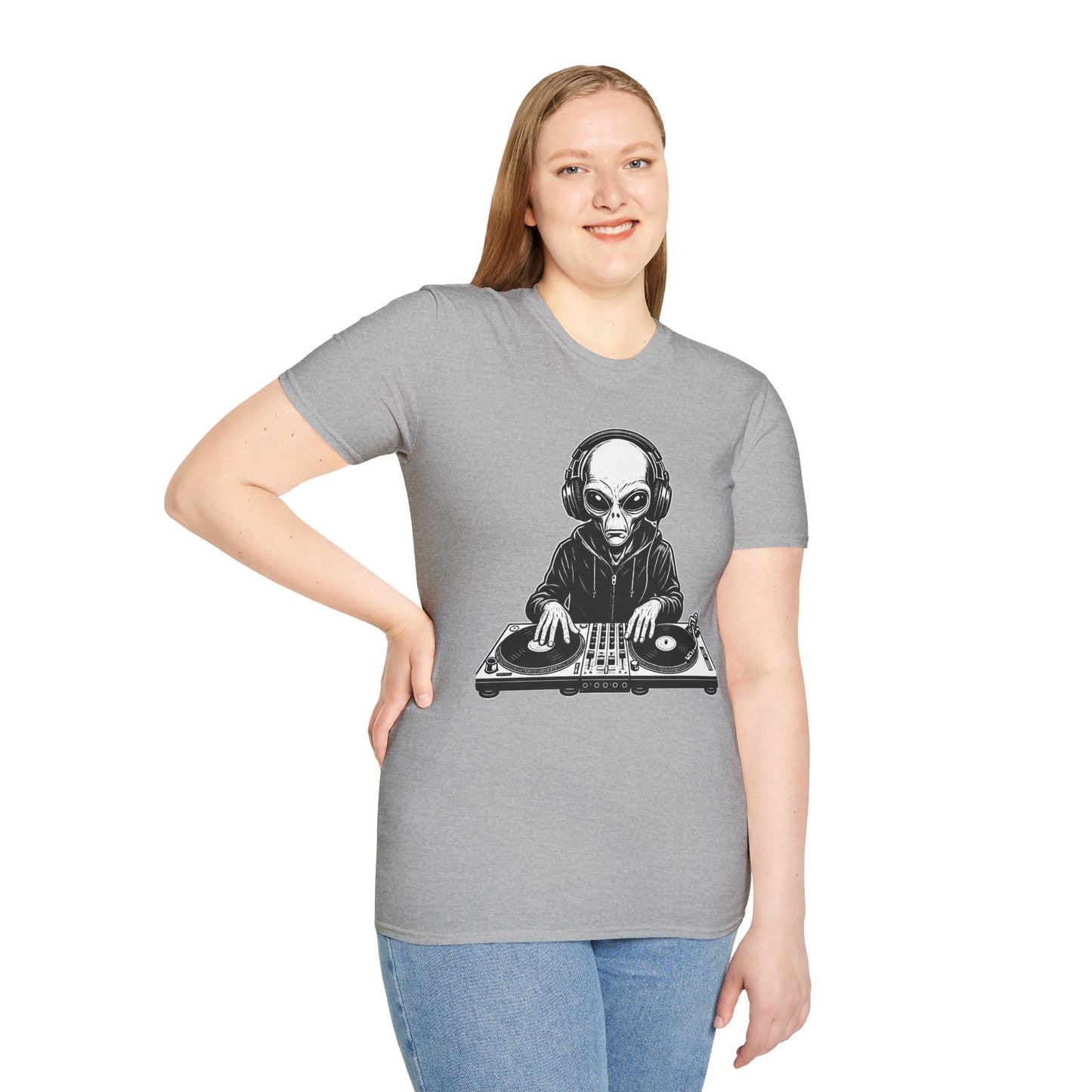 DJ Alien Graphic T-Shirt | Unisex Softstyle Tee for Music Lovers, Gifts for DJs, Cool Casual Wear, Festival Apparel, Unique Alien Design