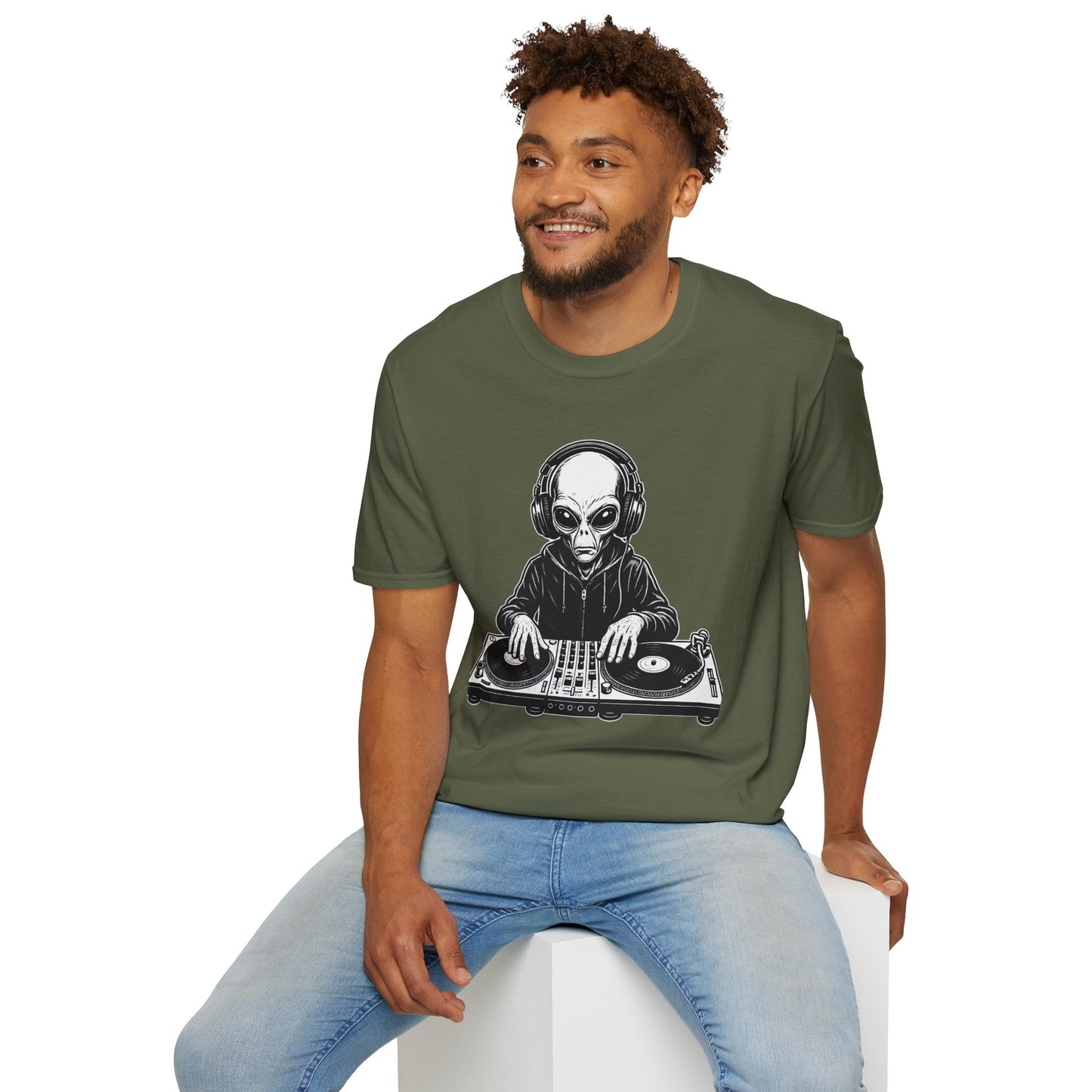 DJ Alien Graphic T-Shirt | Unisex Softstyle Tee for Music Lovers, Gifts for DJs, Cool Casual Wear, Festival Apparel, Unique Alien Design
