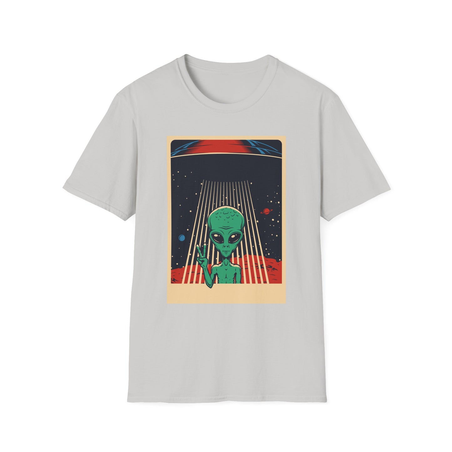 Cosmic Alien Peace Unisex Softstyle T-Shirt, Vintage UFO Tee, Space Lover Gift, Sci-Fi Fan Shirt, Trendy Graphic Tee, GraphicTees, t-shirts