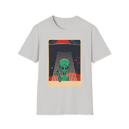 Cosmic Alien Peace Unisex Softstyle T-Shirt, Vintage UFO Tee, Space Lover Gift, Sci-Fi Fan Shirt, Trendy Graphic Tee, GraphicTees, t-shirts