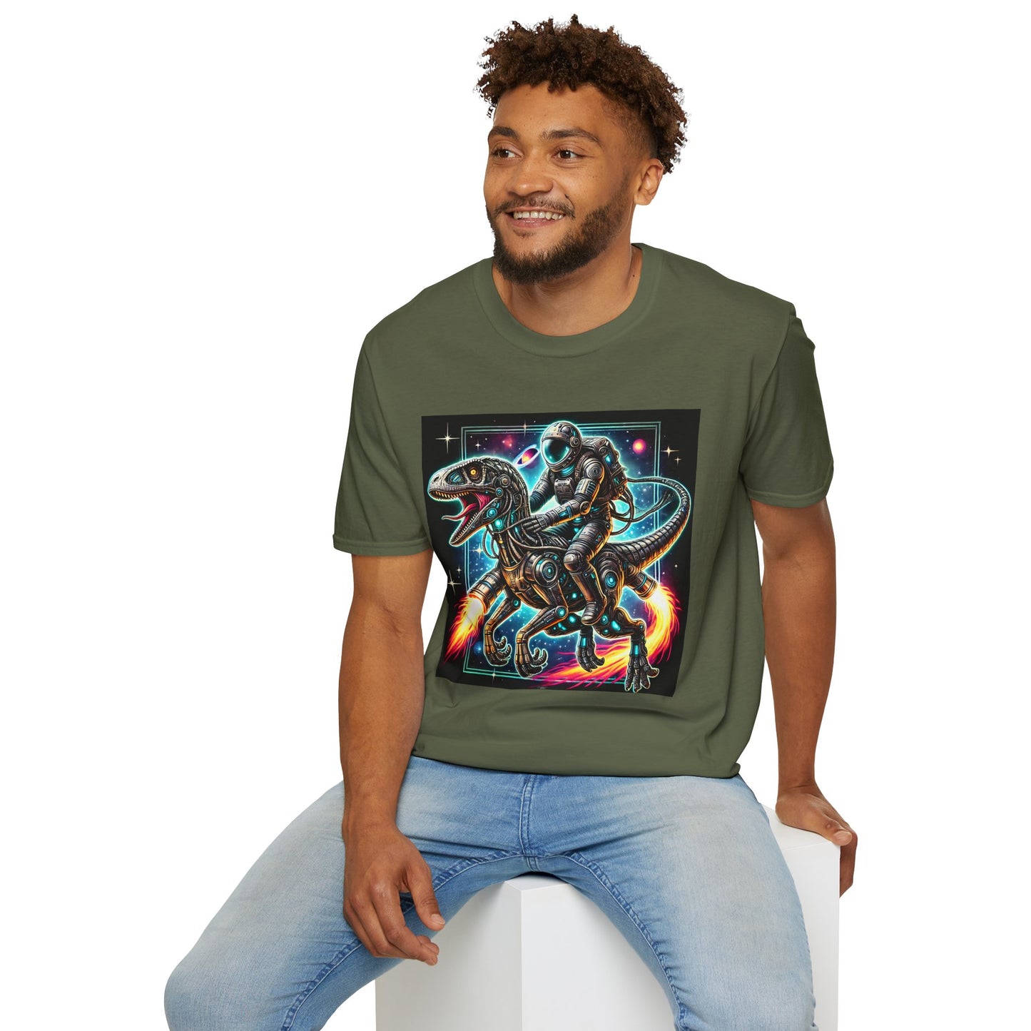 Cosmic Dinosaur Rider Softstyle T-Shirt | Fun Graphic Tee, Unique Gift, Space Lover Shirt, Sci-Fi Enthusiast Apparel