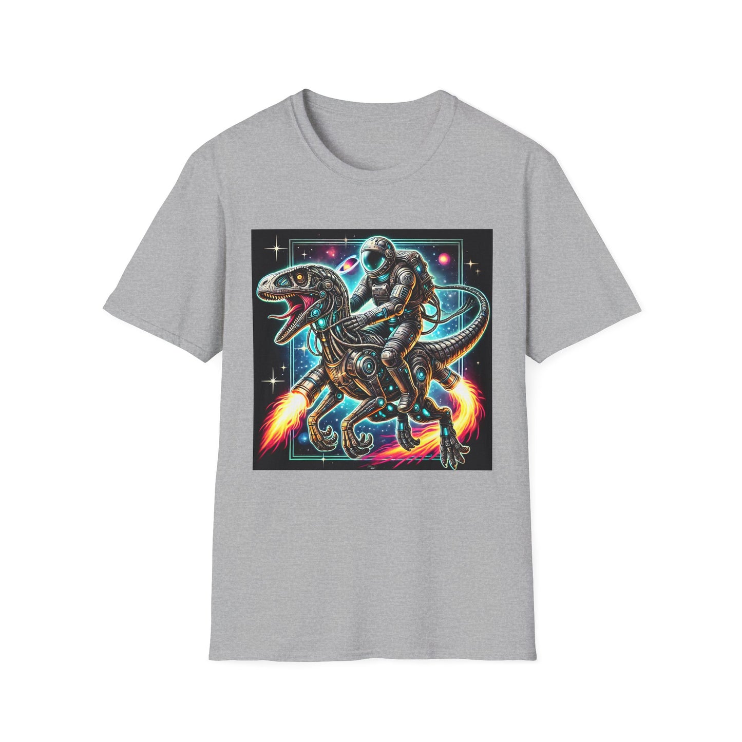Cosmic Dinosaur Rider Softstyle T-Shirt | Fun Graphic Tee, Unique Gift, Space Lover Shirt, Sci-Fi Enthusiast Apparel