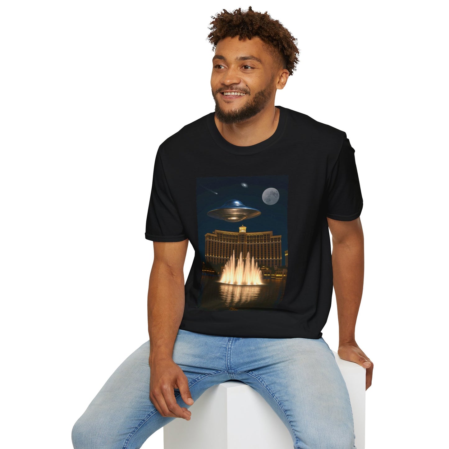 UFO over Las Vegas, Cosmic Vibes Unisex T-Shirt - UFO & Moon Design, Relaxed Fit Tee for Space Lovers, Gift for Sci-Fi Fans, Casual Wear, Everyday Essentials, t-shirt, tshirt, png