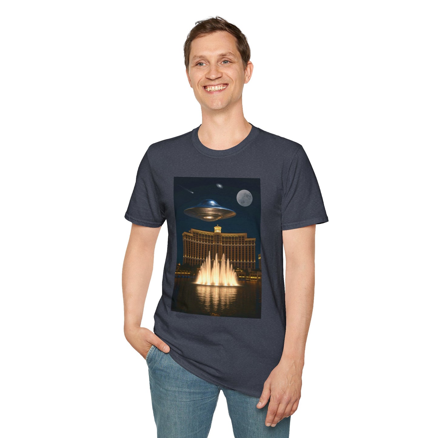 UFO over Las Vegas, Cosmic Vibes Unisex T-Shirt - UFO & Moon Design, Relaxed Fit Tee for Space Lovers, Gift for Sci-Fi Fans, Casual Wear, Everyday Essentials, t-shirt, tshirt, png