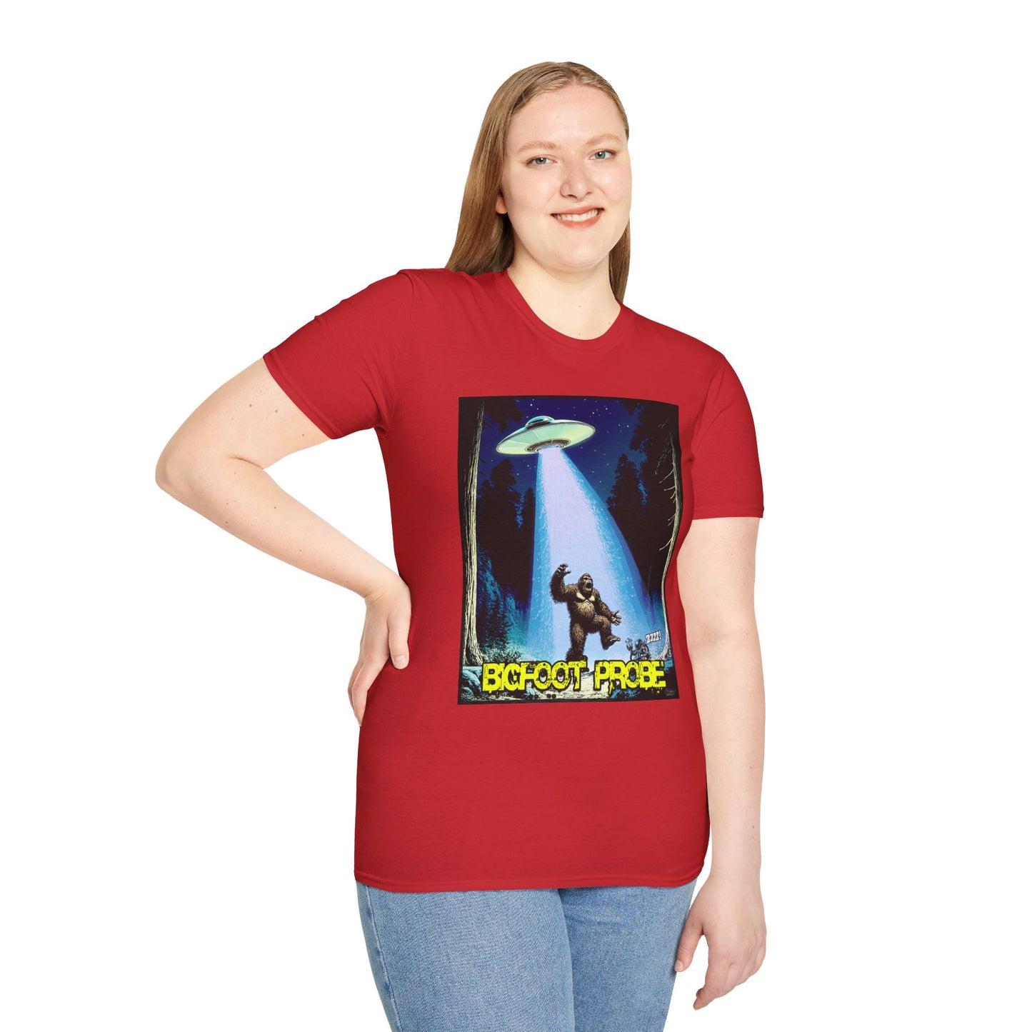 Bigfoot Probe Unisex Softstyle T-Shirt - Fun UFO Graphic Tee, Perfect Gift, Halloween, Nerd Culture, Outdoors, Alien, Graphic tees, t-shirts, Graphic design, t-shirts, tees
