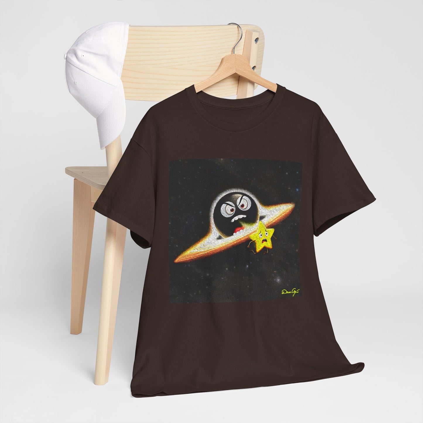 BlackHole Chasing Star, Space-Themed Unisex Heavy Cotton Tee with Cartoon Penguin Design, graphic design, png