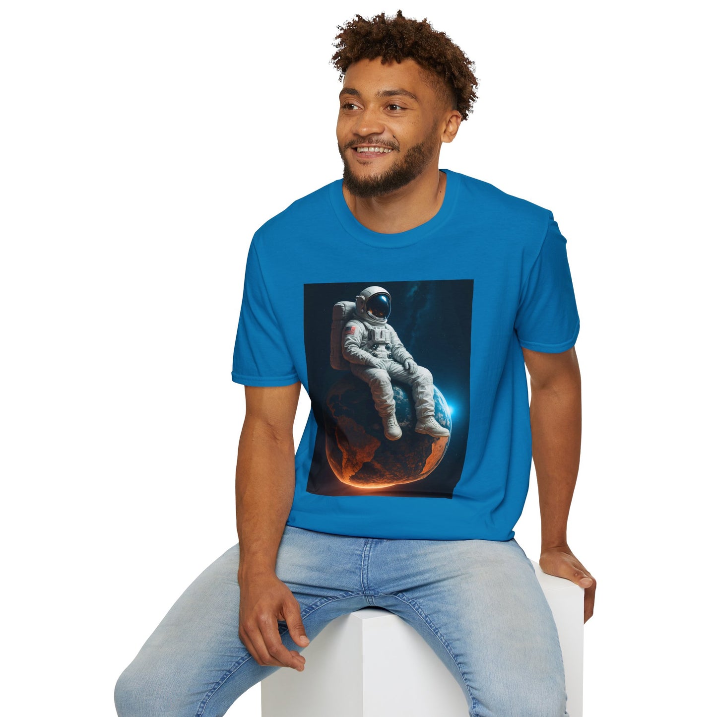 Sitting on an Earth, Cosmic Astronaut T-Shirt, Unisex Graphic Tee, Space Lover Gift, Casual Wear, Astronomy Fan Shirt, Graphic Tee, t-shirt, tshirt, png
