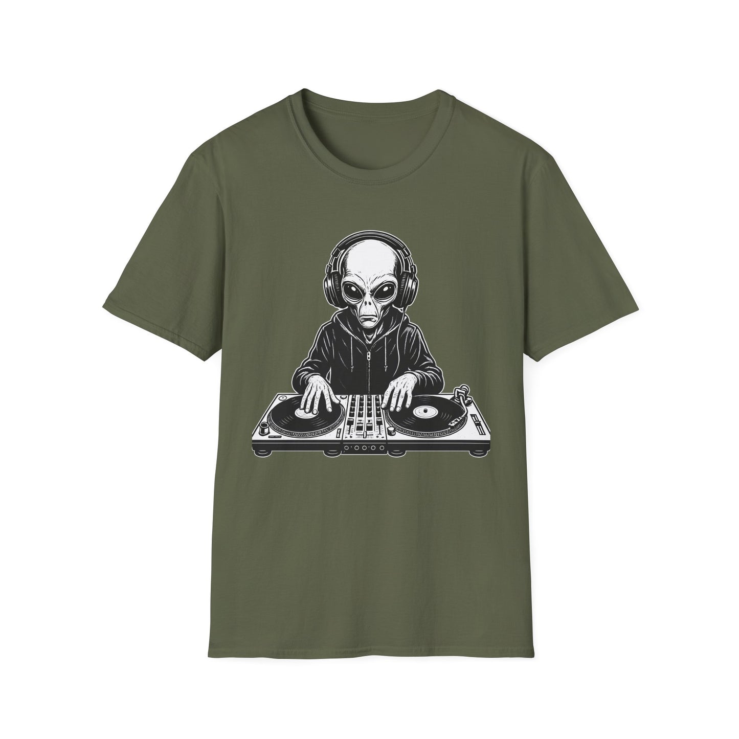 DJ Alien Graphic T-Shirt | Unisex Softstyle Tee for Music Lovers, Gifts for DJs, Cool Casual Wear, Festival Apparel, Unique Alien Design