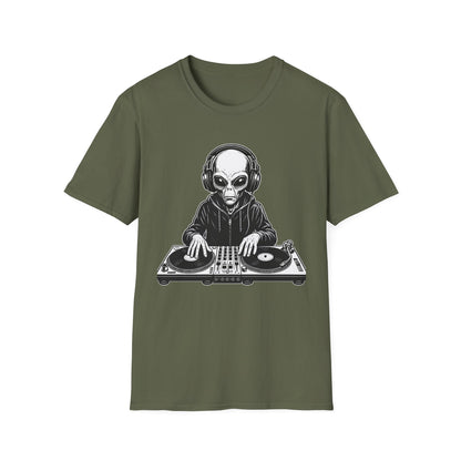 DJ Alien Graphic T-Shirt | Unisex Softstyle Tee for Music Lovers, Gifts for DJs, Cool Casual Wear, Festival Apparel, Unique Alien Design